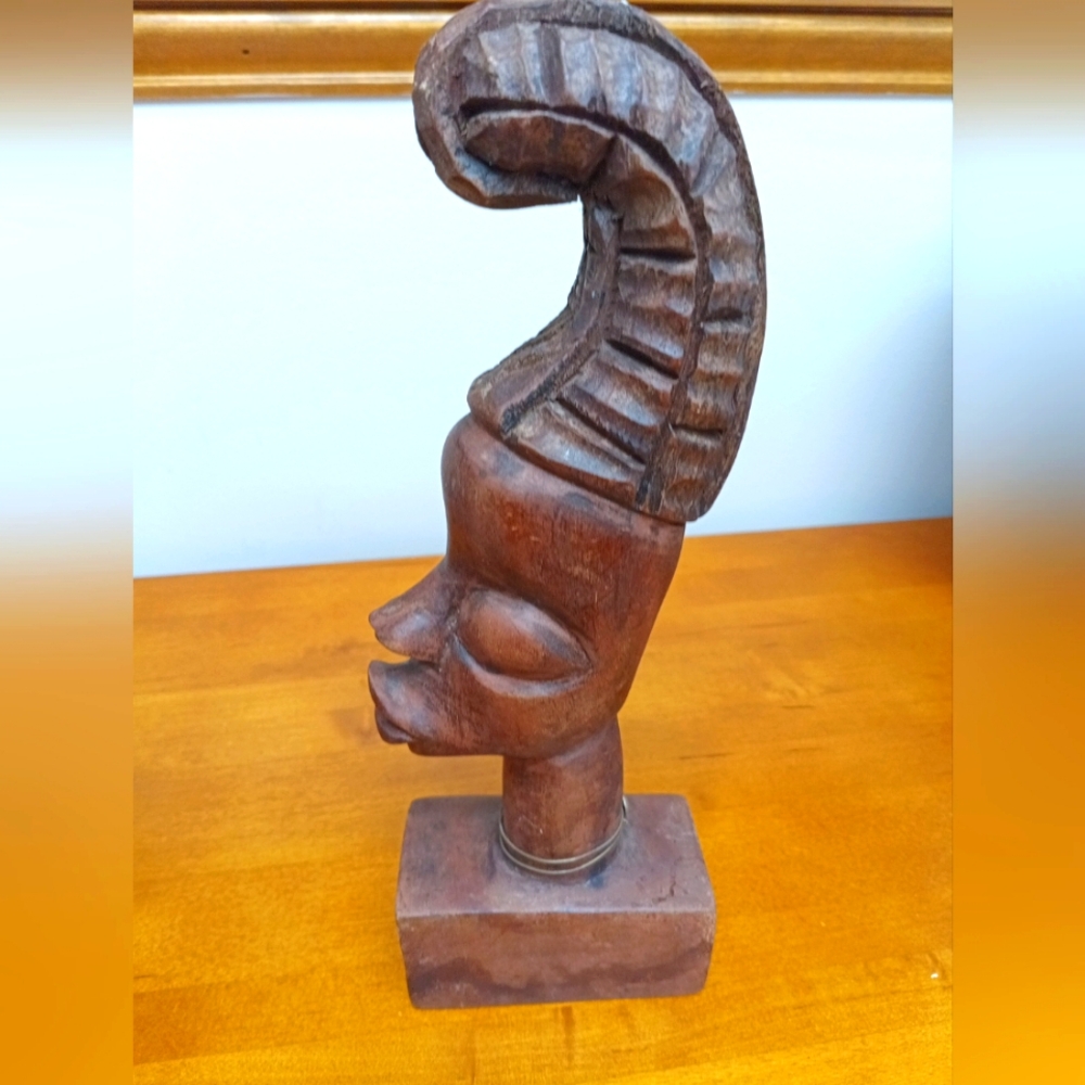 Vintage Wooden African Tribal Art Statue Bust Hand Carved Woman Head Carving 9in